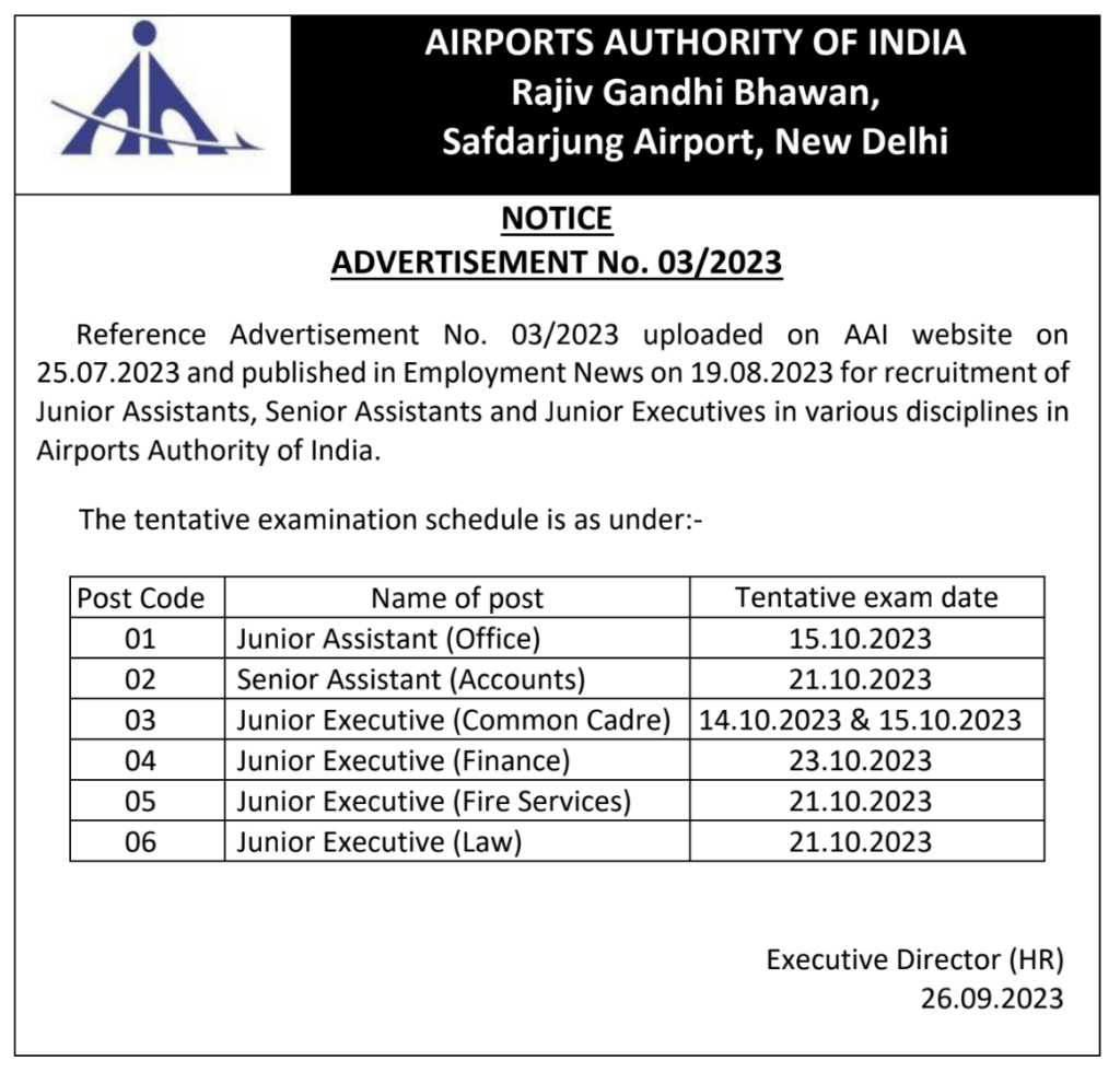 AAI Exam Date 2023, AAI Junior Executive Exam Schedule_50.1