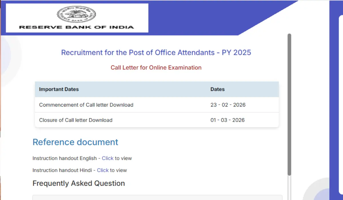 RBI Office Attendant Admit Card 2026
