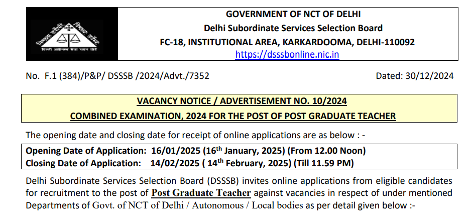 DSSSB PGT RECRUITMENT 2025