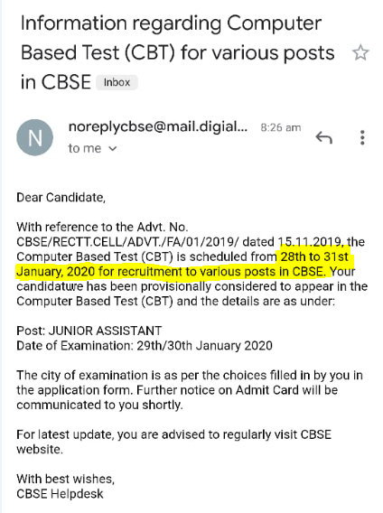 Cbse Junior Assistant Exam Date 2020 Released For 357 Vacancies Cbse Nic In