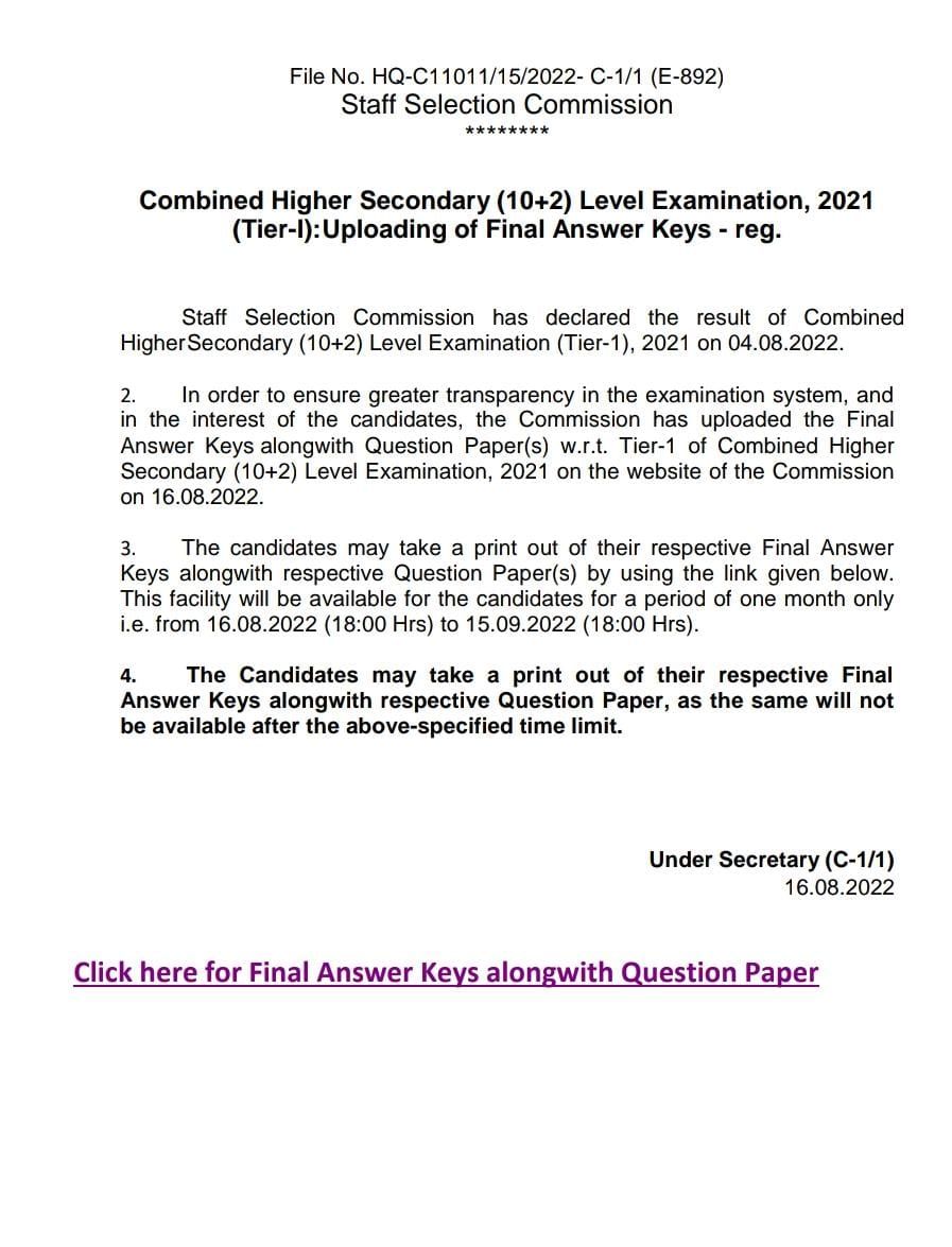 SSC CHSL Final Answer Key 2022 Link Out for Tier 1, Response Sheet_50.1