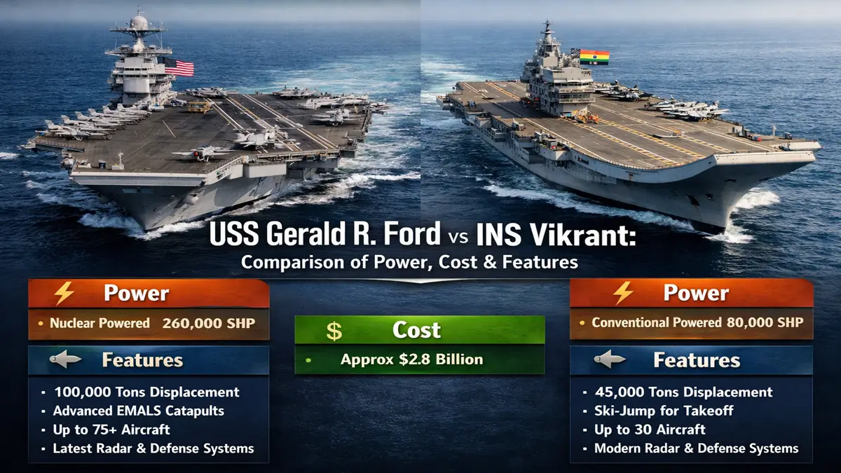 USS Gerald R Ford vs INS Vikrant: Comparison Key Differences Power Cost and Features